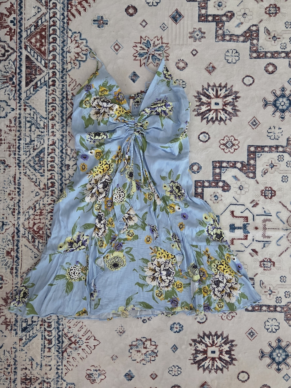 Free People "Happy Heart" Runched Mini Dress Sky Blue Floral Medium - EUC - Picture 4 of 6